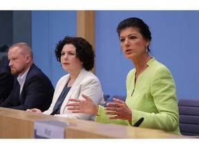 Sahra Wagenknecht, right, and colleagues Amira Mohamed Ali (2nd from L) and Christian Leye present the BSW ("Buendnis Sahra Wagenknecht") political alliance to the media on October 23, 2023 in Berlin, Germany.