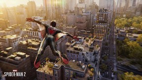 Marvel's Spider-Man 2 screenshot featuring Spider-Man using a wingsuit