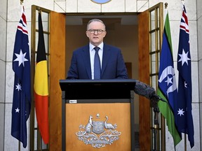 Australian Prime Minister Anthony Albanese speaks to the media during a press conference at Parliament House in Canberra, Sunday, Oct. 22, 2023. Albanese will visit China in early November, his office said Sunday hours before he was set to fly to the United States to meet President Joe Biden.