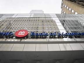 A new survey finds Canadian business leaders increasingly see climate change plans as good for their bottom line. The survey by BMO of 700 small and medium business leaders in Canada and the U.S. found that 62 per cent of those north of the border see a climate change plan as good for business. Bank of Montreal signage is pictured in the financial district in Toronto, Friday, Sept. 8, 2023.
