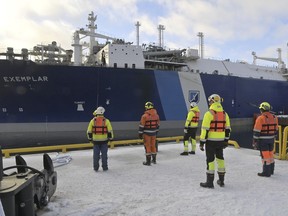 FILE - A view of the Vessel FSRU Exemplar, the floating liquefied natural gas LNG terminal chartered by Finland to replace Russian gas, at the port in Inkoo, Finland, Friday, Dec. 30, 2022. Finland and Estonia said Sunday, Oct. 8, 2023 that the undersea Balticconnector gas pipeline running between the two countries across the Baltic Sea has been temporarily taken out of service due to a suspected leak. Gasgrid Finland said the Finnish gas system is stable and the supply of gas has been secured through the Inkoo floating LNG terminal, referring to the offshore support vessel Exemplar.