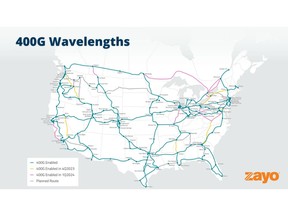 Map of Zayo's 400G-enabled routes in North America.