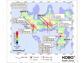 Figure 1: Kadie Zone Trenching Positions and Key Results