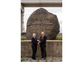 Bishop Mary Irwin-Gibson of the Anglican Diocese of Montreal and Fergus Keyes, President of The Montreal Irish Monument Park Foundation