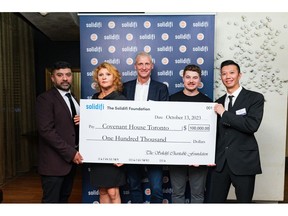 Solidifi Charitable Foundation supports homeless youth with $100,000 donation to Covenant House Toronto. Featured in photo: Harp Dhott, Accustar Appraisals; Tatianna Zorina, Appraisal Effect; Brian Lang, Solidifi Charitable Foundation Chair and Real Matters Chief Executive Officer; Dillon Smith, Covenant House Toronto; Simon Kwan, Conviare Consultants Ltd.