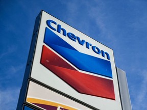 The Chevron logo at a gas station in California. Chevron is buying Hess for US$53 billion.