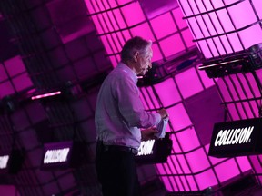 Geoffrey Hinton, known as the "Godfather of AI," leaves the stage after speaking at the Collision conference in Toronto on Wednesday, June 28, 2023.