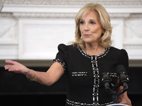 First lady Jill Biden speaks during a media preview Tuesday, Oct. 24, 2023, in the State Dining Room at the White House in Washington, ahead of Wednesday's State Dinner with Australia's Prime Minister Anthony Albanese.