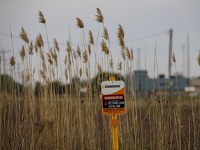 Signage for an underground Enbridge pipeline in Sarnia, Ont.