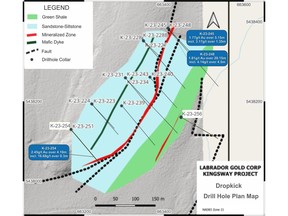 Plan map of Dropkick drill holes showing highlights of latest results.