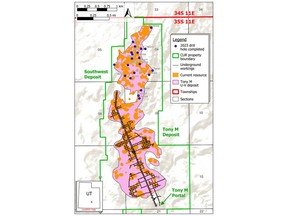 Plan view map of the Tony M Mine with 2023 drill holes