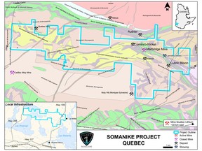 Location of the Somanike Nickel Sulphide Project near the City of Val-d'Or, Quebec (geology modified from Pilot et al., 2014).