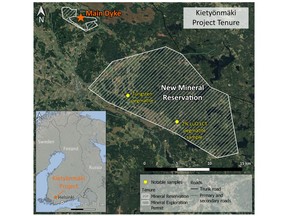 Location of new claim reservation for the Kietyönmäki Project.