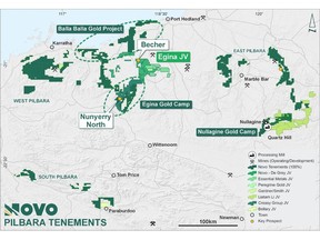 Figure 1: Novo's Pilbara tenure showing priority prospects, joint venture interests and the location of drilling at Nunyerry North