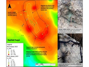 Figure 4: Rock samples from the Rayfield Target Zone grade up to 0.63% Cu and 245.5 ppb Au. Mapping has confirmed a high density of sheeted and stockwork quartz veining within the magnetic-low feature. This may be indicative of alteration that typically bounds the centre of porphyry systems.