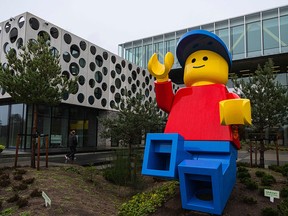 A huge LEGO figurine is pictured outside LEGO campus in Billund, Denmark.