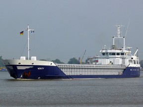 FILE - The freighter "Verity" is seen off Kiel in Germany, Oct. 5, 2014. German authorities say two cargo ships have collided in the North Sea off the German coast and one vessel apparently sank. One sailor died and four are missing. Germany's Central Command for Maritime Emergencies said the ships, Polesie and Verity, collided early on Tuesday, Oct. 24, 2023 about 22 kilometers, about 14 miles, southwest of the island of Helgoland.