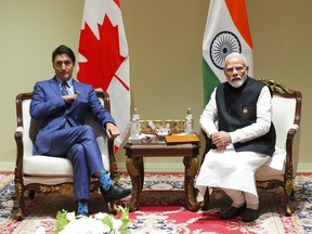 Prime Minister Justin Trudeau taking part in a bilateral meeting with Indian Prime Minister Narendra Modi during the G20 Summit in New Delhi, India.