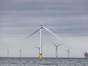 Wind turbines at sea form the Hollandse Kust Zuid wind farm of Vattenfall.