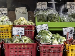 Fresh produce prices on Toronto's Gerrard Street.