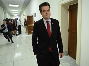 U.S. Representative Matt Gaetz, Republican of Florida, leaves after a meeting with the Florida Republican delegation regarding the Speaker of the House race on Capitol Hill in Washington, DC.