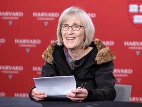 U.S. economist Claudia Goldin, who was awarded the Nobel prize in economics, talking to the press at Harvard University in Cambridge, Massachusetts.