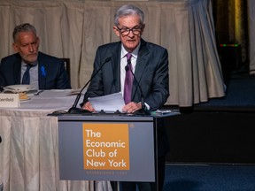 Federal Reserve Chair Jerome Powell speaks at a lunch hosted by the Economic Club of New York at the Hilton Hotel in New York City.