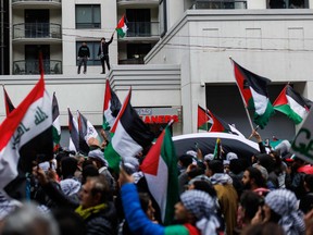Demonstrators in support of Palestinians during a protest in Toronto.