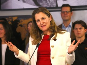 Finance Minister Chrystia Freeland making an announcement in Calgary.