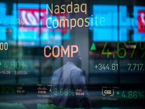 Monitors displaying stock market information at the Nasdaq MarketSite in New York, U.S.