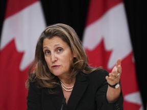Deputy Prime Minister and Minister of Finance Chrystia Freeland at a press conference in Ottawa.