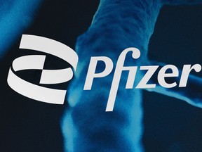 FILE - The Pfizer logo is displayed at the company's headquarters, Friday, Feb. 5, 2021, in New York. Shares of Pfizer are falling before the market opened on Monday, Oct. 16, 2023, as the company cut its full-year outlook, citing declining sales of its COVID-19-related products.