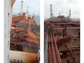 This combination of photos provided by Pius Orofin, a deck operator aboard the Trinity Spirit oil ship, shows rusted areas of the ship moored 15 miles off the coast of Nigeria, in November 2021. The ship, used to store and refine large quantities of oil extracted from the ocean floor, caught fire on Feb. 2, 2022. The three survivors of the Trinity Spirit's explosion - Orofin, Patrick Aganyebi and Lawrence Yorgolo - told the AP of the lack of safety procedures on the ship and of equipment failures.