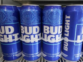 FILE-Cans of Bud Light chill in a refrigerator in Oakland, Calif., Friday, April 28, 2023. AB InBev reports earnings on Tuesday, Oct. 31.