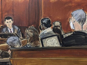 In this courtroom sketch, Sam Bankman-Fried testifies on the witness stand in Manhattan federal court, Friday, Oct. 27, 2023, in New York.