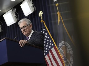 File - Federal Reserve Chairman Jerome Powell speaks at a news conference after the Federal Open Market Committee meeting, on Sept. 20, 2023, in Washington. The Federal Reserve releases minutes today from the meeting when it decided not to raise its benchmark borrowing rate.