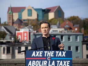Conservative Leader Pierre Poilievre at a press conference for his Axe the Tax campaign in St. John's, on Oct. 27.