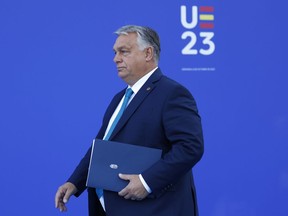 Hungary's Prime Minister Viktor Orban arrives for the 2nd day of the Europe Summit in Granada, Spain, Friday, Oct. 6, 2023. European Union leaders have pledged Ukrainian President Volodymyr Zelenskyy their unwavering support. On Friday, they will face one of their worst political headaches on a key commitment. How and when to welcome debt-laden and war-battered Ukraine into the bloc.
