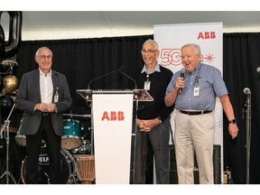 The founders of the ABB factory in Quebec. From left to right: Garry Vail, Henry Buijs, a renowned scientist in spectroscopy, and Jean-Noel Bérubé.