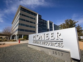 File - Pioneer Natural Resources Midland headquarters office is shown on Jan. 13, 2021, in Midland, Texas. Exxon Mobil Corp. is buying Pioneer Natural Resources in an all-stock deal valued at $59.5 billion, its largest buyout since acquiring Mobil two decades ago, creating a colossal fracking operator in West Texas.