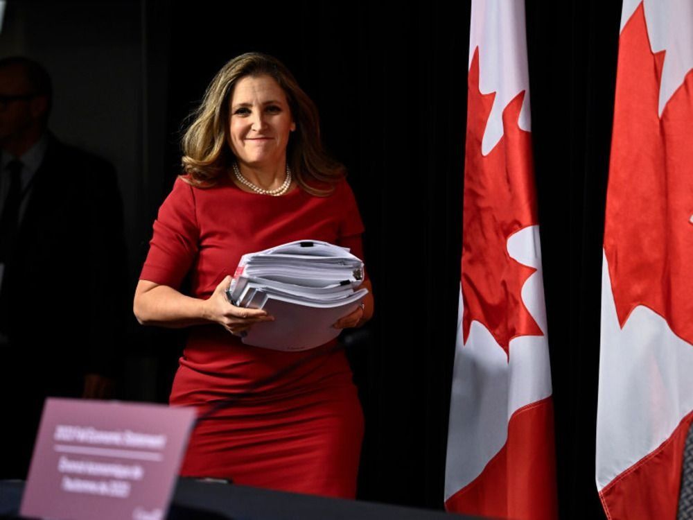 Minister of Finance Chrystia Freeland arrives at a news conference before the tabling of the fall economic statement in Ottawa, Tuesday, Nov. 21, 2023. 