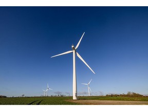 Wind turbines at the New Albion wind farm near Rushton, UK.