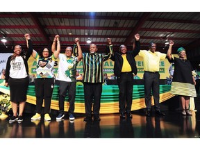 Maropene Ramokgopa, second deputy secretary general of the African National Congress (ANC), Nomvula Mokonyane, first deputy secretary general of the African National Congress, Fikile Mbalula, secretary general of the African National Congress, Gwede Mantashe, South Africa's mineral resources and energy minister, Cyril Ramaphosa, South Africa's president, Paul Mashatile, South Africa's deputy president, and Gwen Ramokgopa, treasurer general of the African National Congress (ANC) party, on day four of the 55th national conference of the African National Congress party in Johannesburg, South Africa, on Monday, Dec. 19, 2022. Ramaphosa comfortably won re-election as head of South Africa's governing party just weeks after a scandal threatened to derail his political career, and now faces an uphill battle to rebuild its flagging support heading into a national vote in 2024.