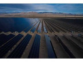 First Solar photovoltaic panels at the Desert Stateline Solar Facility, a 300 MW utility-scale photovoltaic power station, in the Mojave Desert in San Bernardino County, California, US, on Sunday, March 12, 2023. California aims to end greenhouse gas emissions from its electricity grid by 2045.