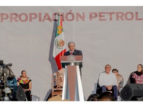 Andres Manuel Lopez Obrador, Mexico's president, during the 85th anniversary rally of oil expropriation in Mexico City, Mexico, on Saturday, March 18, 2023. Eighty-five years ago, the nationalization of all petroleum reserves, facilities, and foreign oil companies took place in Mexico, under President Lazaro Cardenas. Photographer: Fred Ramos/Bloomberg