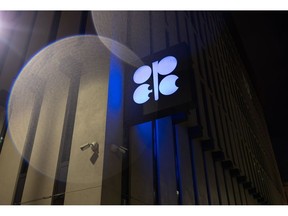 A logo outside the headquarters of the Organization of the Petroleum Exporting Countries (OPEC) in Vienna.