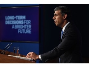 Rishi Sunak announces he is scaling back the UK government's green agenda at a news conference in Downing Street on Sept. 20.