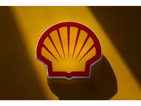 A logo at the Shell Plc booth on day two of the Abu Dhabi International Petroleum Exhibition and Conference (ADIPEC) in Abu Dhabi, United Arab Emirates, on Tuesday, Oct. 3, 2023. The annual strategic energy conference runs from Oct 2-5.