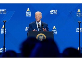 US President Joe Biden speaks during the Asia-Pacific Economic Cooperation (APEC) CEO Summit in San Francisco, California, US, on Thursday, Nov. 16, 2023. Executives from large multinationals are converging on the sidelines of APEC in San Francisco this week for an audience with the Chinese president and other Asian leaders as long-frosty US-China relations show only tentative signs of warming.