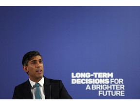 LONDON, ENGLAND - NOVEMBER 20: Britain's Prime Minister Rishi Sunak delivers a speech at a college in north London on November 20, 2023 in London, England.